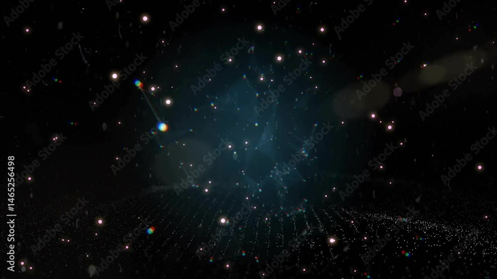 Poster abstract network visualizing data with glowing particles and lines floating over grid in 3d render