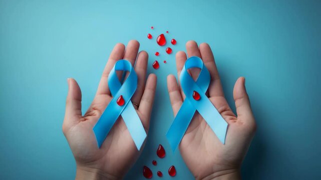 Blood-stained light blue ribbons against a background.