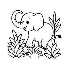 A cute baby elephant splashing water from its trunk, surrounded by jungle plants
