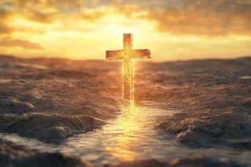A glowing cross in the desert as the source of a flowing stream, symbolizing the divine gift of living water and spiritual life.

