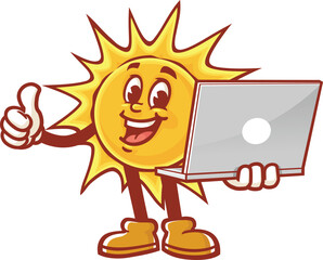 Cartoon character sun holding a laptop