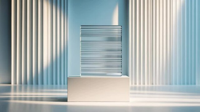 Acrylic panel with striped texture. Clear linear prismatic surface showcasing extruded linear ribs. Abstract minimalist graphic design element. Close-up view of transparent plexiglass.