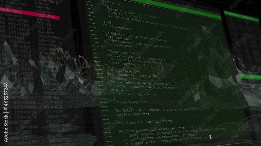 Poster javascript code overlay showing 3d wireframe terrain, with red and green highlights in flat design