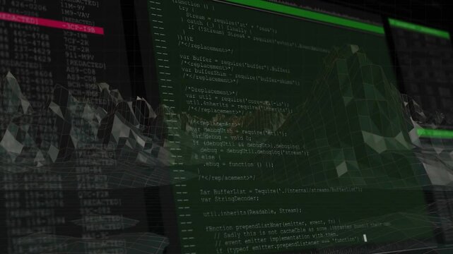 JavaScript code overlay showing 3D wireframe terrain, with red and green highlights in flat design