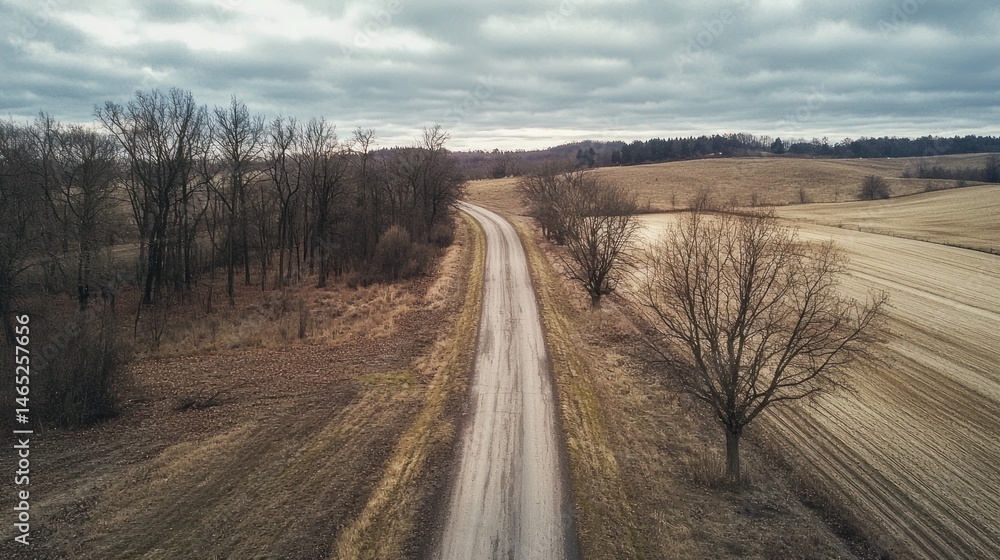 Poster a rural two-way road with trees and open fields on either side