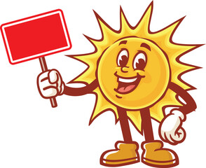 Cartoon sun character holding a blank sign board