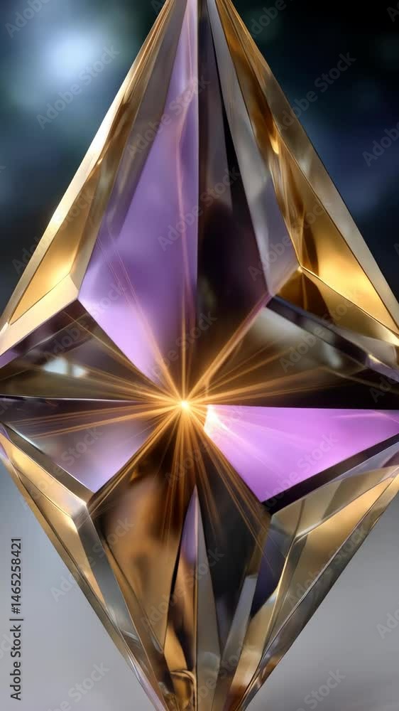 Poster faceted diamond shape with violet and gold highlights, refracting light in a glossy and sleek digita
