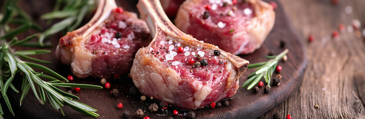 Greeting banner showcasing raw lamb chops with salt and pepper on table, captured in high-resolution with insanely detailed textures, fine details, professional color grading, award-winning compositio
