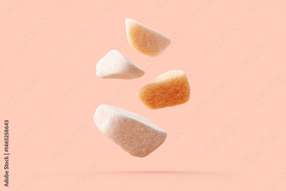 Poster floating rocks display against a soft pastel background