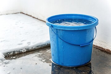 Fototapeta premium Blue Plastic Bucket Filled With Water on White Background Generative AI