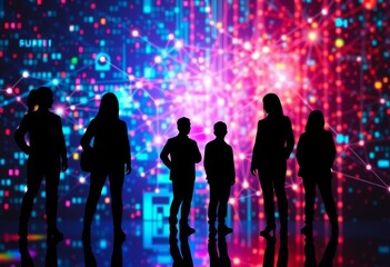 Abstract network concept; silhouettes overlaid on digital background,  texture,  strategy