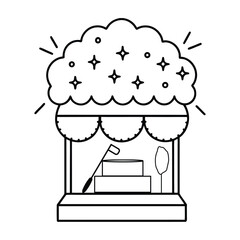 A cotton candy booth with puffy clouds of candy and sparkly lights, line art vector illustration