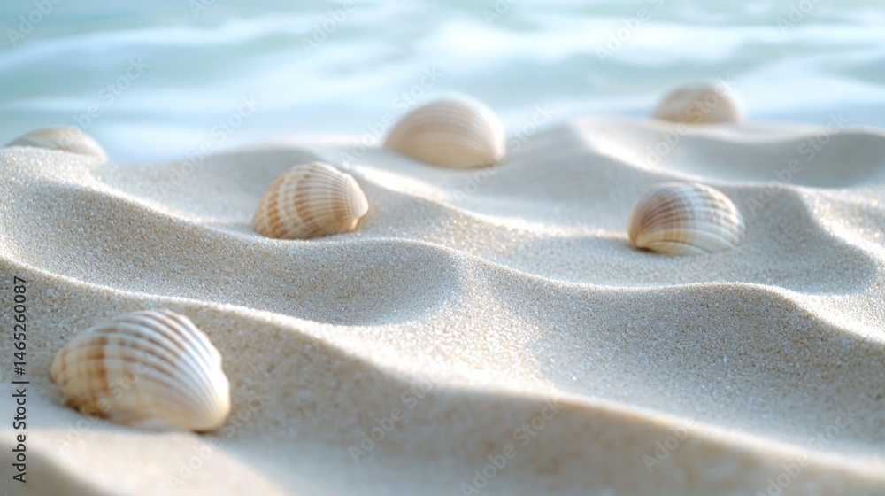Poster a serene seafloor with soft waves of sand and tiny shells on a white background
