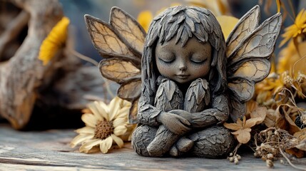 Fairy figurine with transparent wings sitting on a wooden table with dried flowers and natural elements nearby.