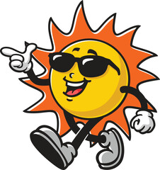 Retro style sun character cartoon is walking and wearing sunglasses