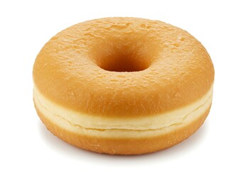 A close up view of a glazed donut on a white background with a hole in the center of the treat