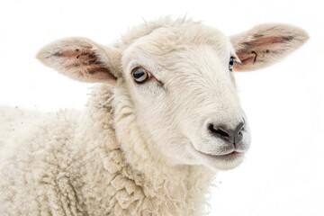 Fototapeta premium Close up Portrait of a White Sheep on a White Gigapixel Backdrop Generative AI