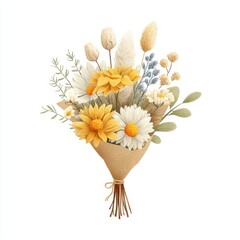 Dried Flower Bouquet Warm Yellow and White Blooms in Kraft Paper