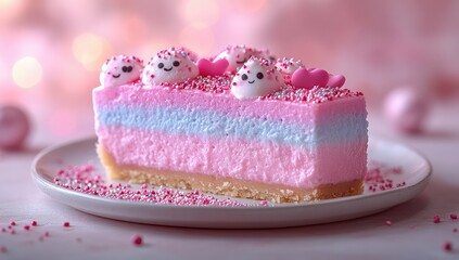 Pink layered cheesecake slice.