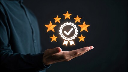 Hand Presenting Quality Assurance Seal with Stars on Dark Background Concept

