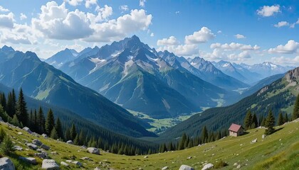 Fototapeta premium Majestic Mountain Panorama: Serene Alpine Valley with Secluded Cabin