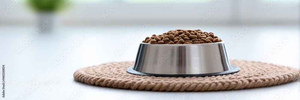 Poster pet food bowl on mat against clean white floor background for a tidy and organized feeding area gene