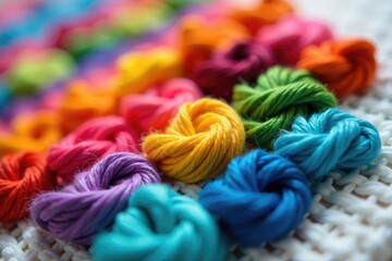 Close-up of colorful floss cross stitch work in progress, showcasing intricate details and vibrant threads , texture, needlework