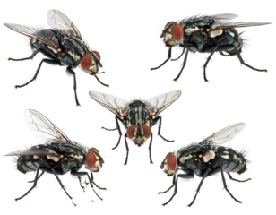  Photorealistic set of flies isolated on transparent background PNG