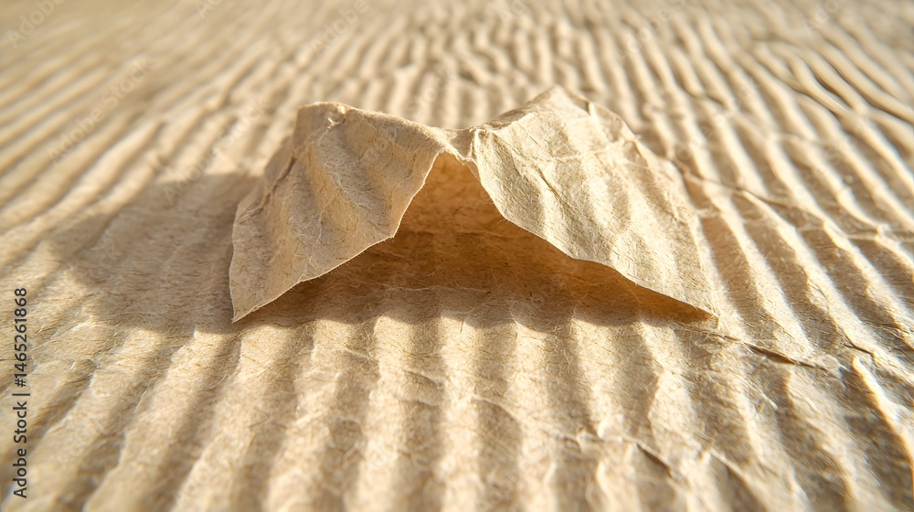 Poster close up of beige wrinkled paper texture with subtle lines and shadows