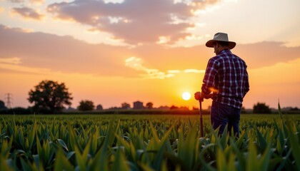 Fototapeta premium Farmer Standing in Field at Sunset with Cane and Hat in Hand