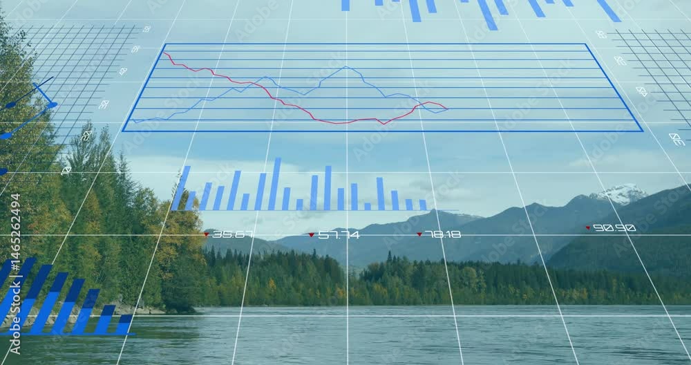Poster animated 3d grid overlay floating above mountain lake, displaying line chart and pie charts