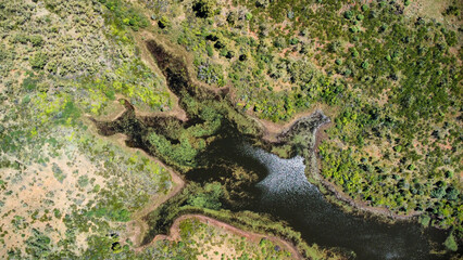 Australian remote bushland with it´s vegetation and a lake, seen from above