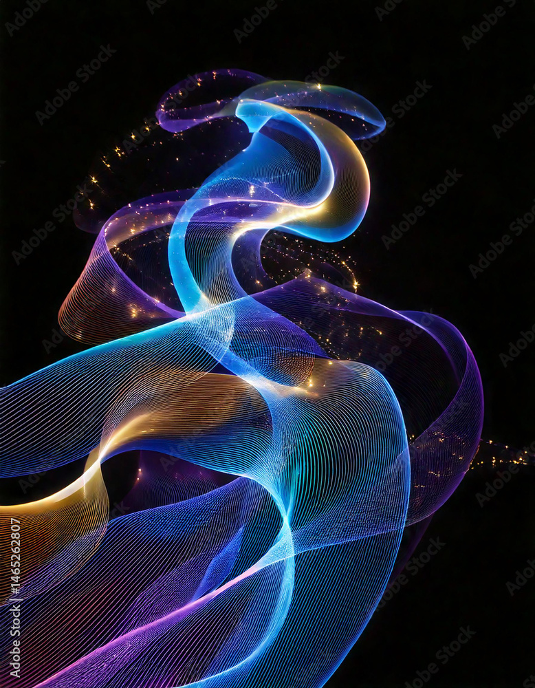 Poster abstract wavy lines of blue, purple, and gold on a black backdrop create a dynamic, flowing pattern 