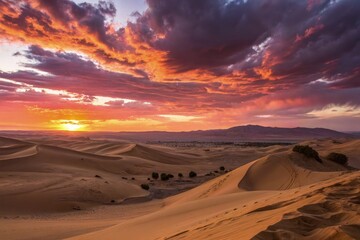 Naklejka premium Dramatic Sunset Over Rolling Sand Dunes in Stunning Detail Generative AI
