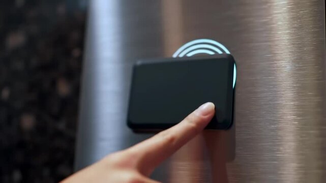  A biometric access card activates a glass reader with a pulse of light in a sleek office setting
