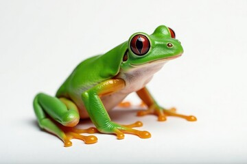 Obraz premium Green tree frog perched on white, vibrant skin, white, animal photography