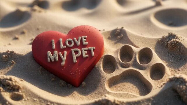 I treasure my pet message etched in the sand. Paw print and heart, a design idea for pet lovers, a sympathy concept.