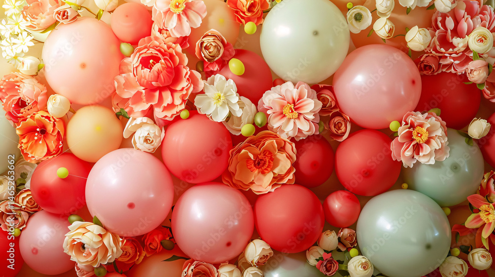 Poster vibrant balloons complemented by an array of flowers for a festive setting