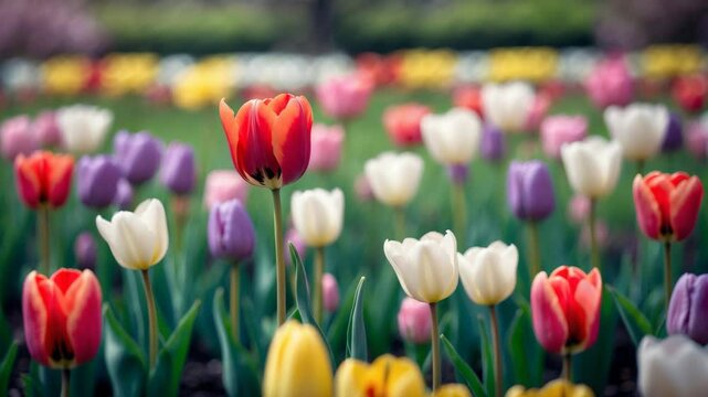 Stunning panoramic scene of tulips flowering in a field, floral setting, embellishment.