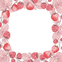 fruit frame of strawberries, raspberries, and leaves on white background