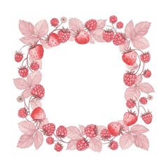 fruit frame of strawberries, raspberries, leaves with space for text on white