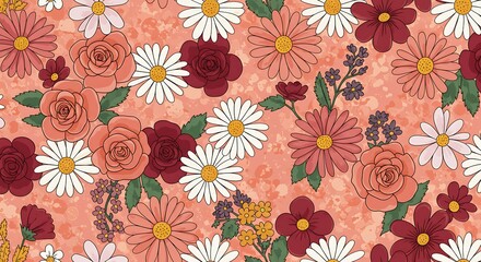 Peach Floral Seamless Pattern: Roses, Daisies & Flowers