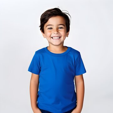 Stylish 5 Year Old Boy Smiling on White Background 
blue shirt