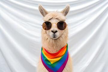 Llama Wearing Rainbow Pride Bandana and Sunglasses on White Background