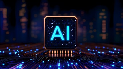 Aclose-upimageofanAI-inscribedchiponacircuit-boardbackground.Thechipglowswithblue"AI"letters,setagainstahigh-tech,neon-litscenesymbolizingartificialintelligencetechnology.