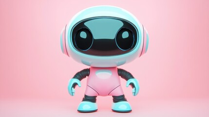 Cute, cartoonish robot, light-blue helmet, pink suit