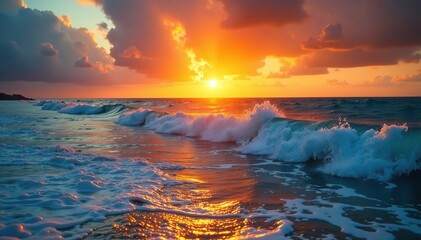 Naklejka premium Golden sunrise paints ocean waves, fiery sky reflects , vibrant, scenic, coastal