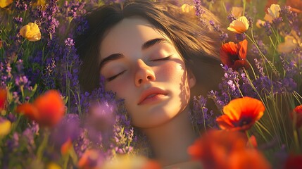 A young woman resting amidst vibrant wildflowers.