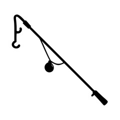 Fishing rod silhouette vector graphic: angling equipment, fishing pole illustration, sport tool, hook, reel, line