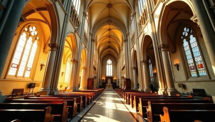 Fototapeta premium Majestic French church with intricate architecture, bathed in golden sunlight , building, religious building, architecture